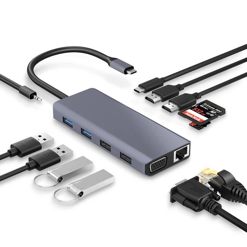 March Expo USB C 12 in 1 docking station Type-C USB HUB Docking Station with VGA HD-MI RJ45 PD100W docking station with laptop