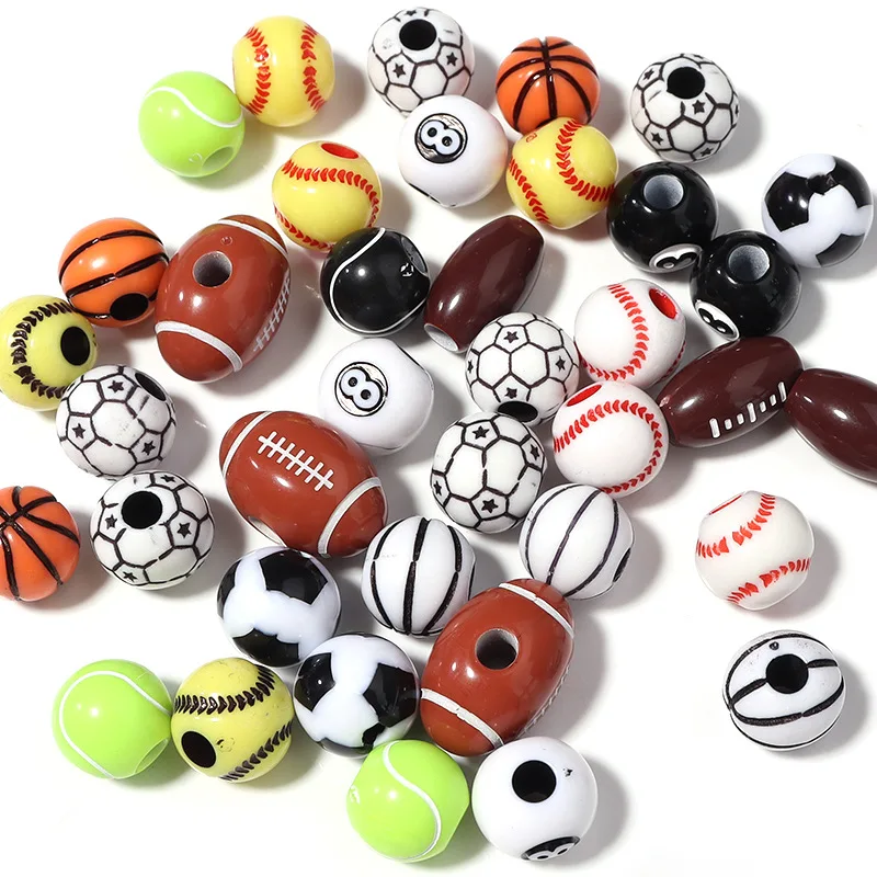 SOJI 50pcs/Bag Acrylic Ball Sports Beads Football Basketball Rugby Loose Spacer Beads for DIY Necklace Bracelet Jewelry Making