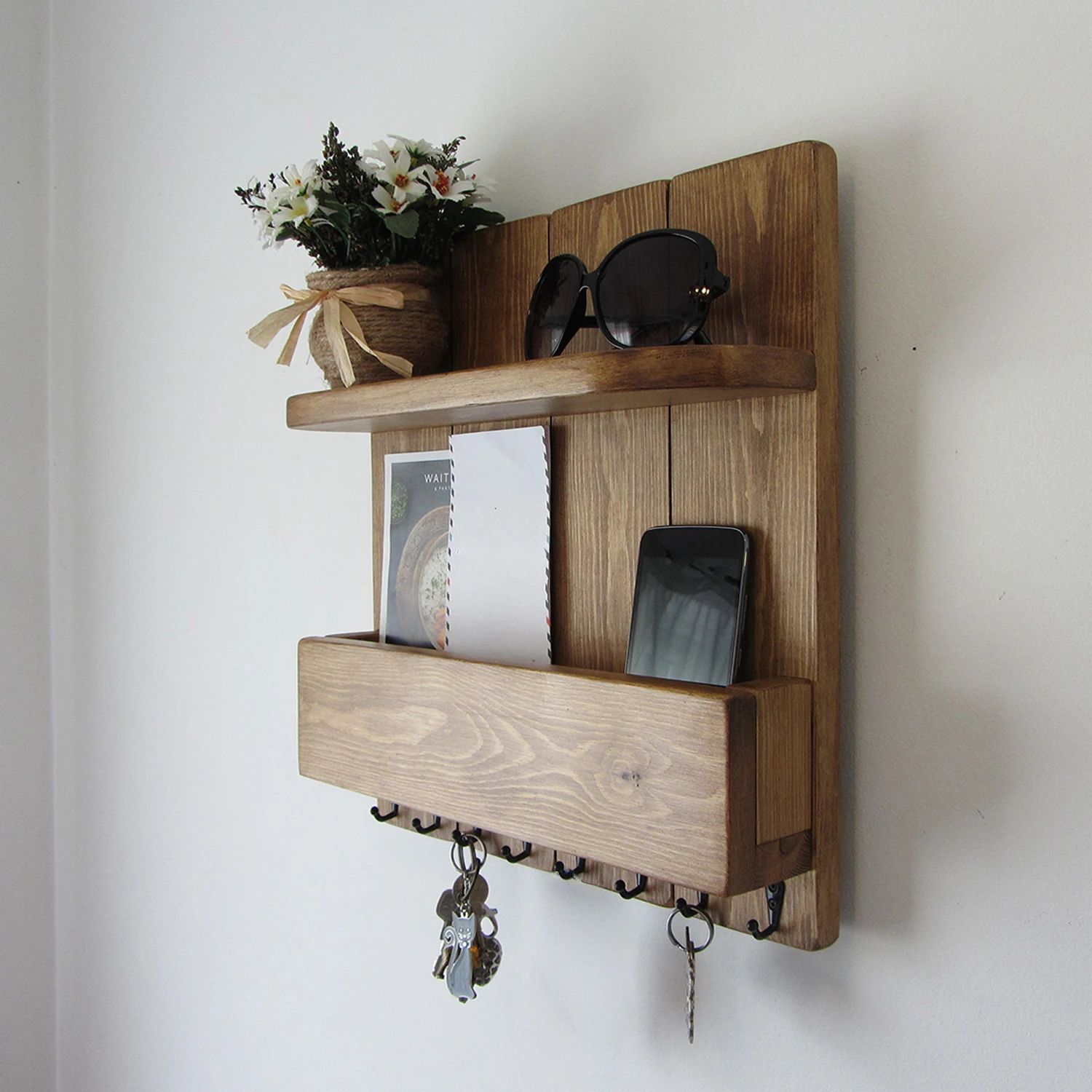 Entry Way Key Organizer Wall Mounted Mail Holder Wooden Wall Organizer Key Holder with Shelf Large Entryway Shelf with Hooks