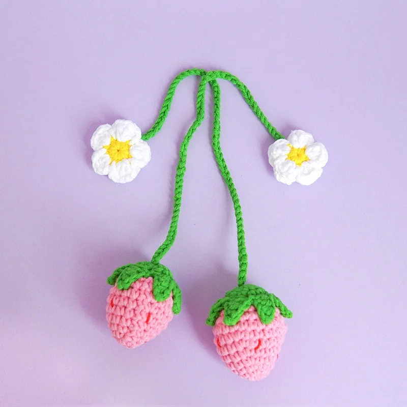 Hand Knitted Strawberry Bookmark Gifts Crochet Strawberry Bookmark With Daisy Flower For Crochet Key Chain Bag Charm Car Hanging