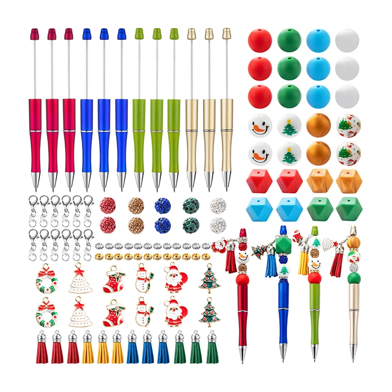 Christmas Bead Pen DIY Plastic Bead Pen Santa Claus Snowman Christmas Tree Tassel Bead Pen For Kid Students Christmas Gifts