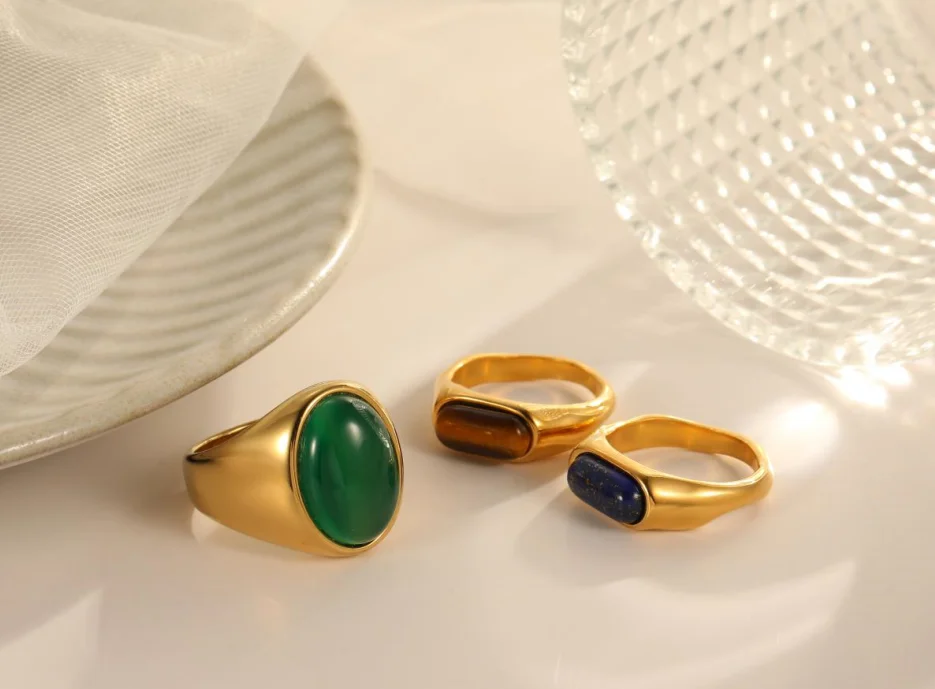 Waterproof High-quality Steel Green Opal Gold Ring Stainless Steel Rings For Men Women