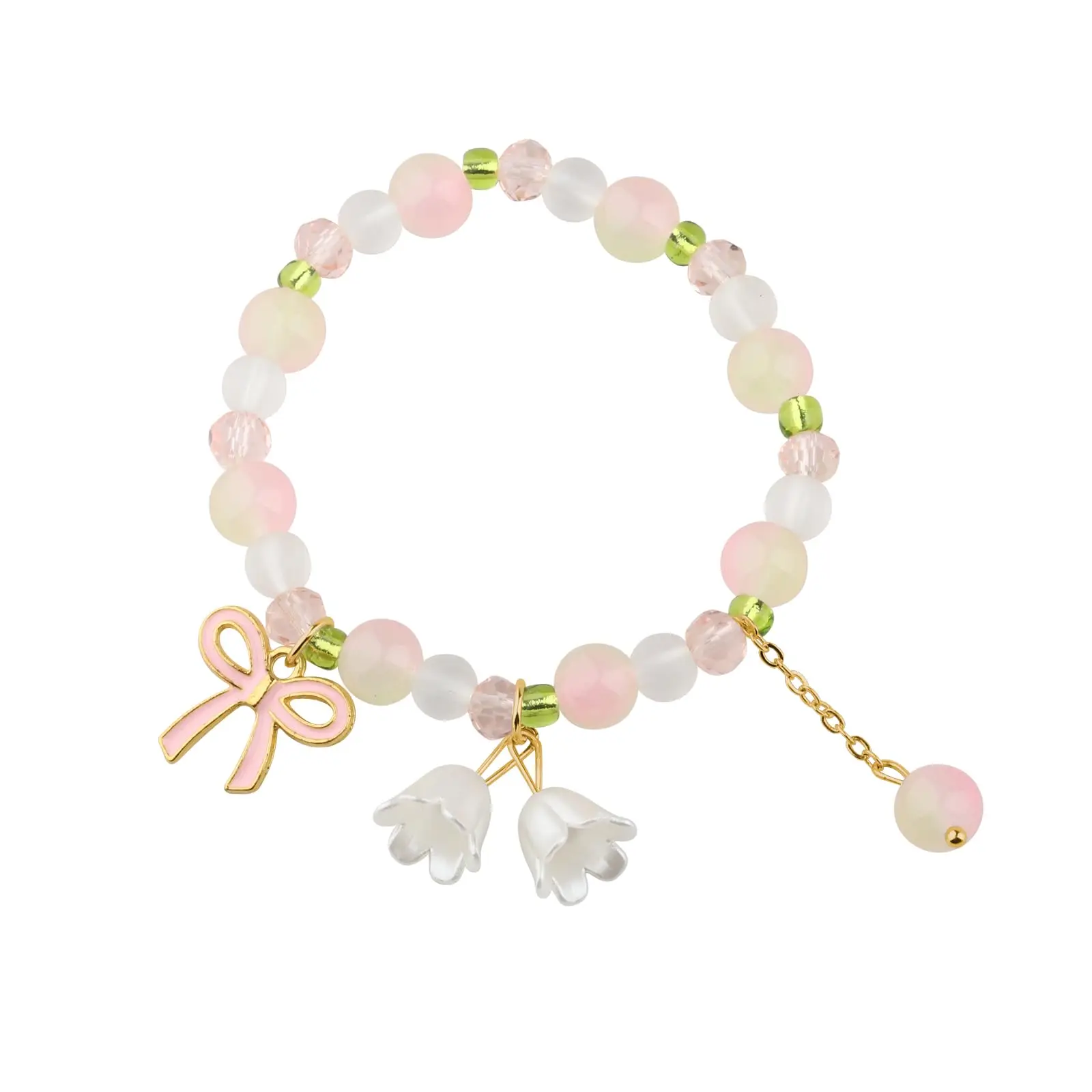 Korean Jewelry Wholesale - Spring Summer Accessory Pink Bow Bracelet for Women Lily of the Valley Bell Flower Beaded Bracelet