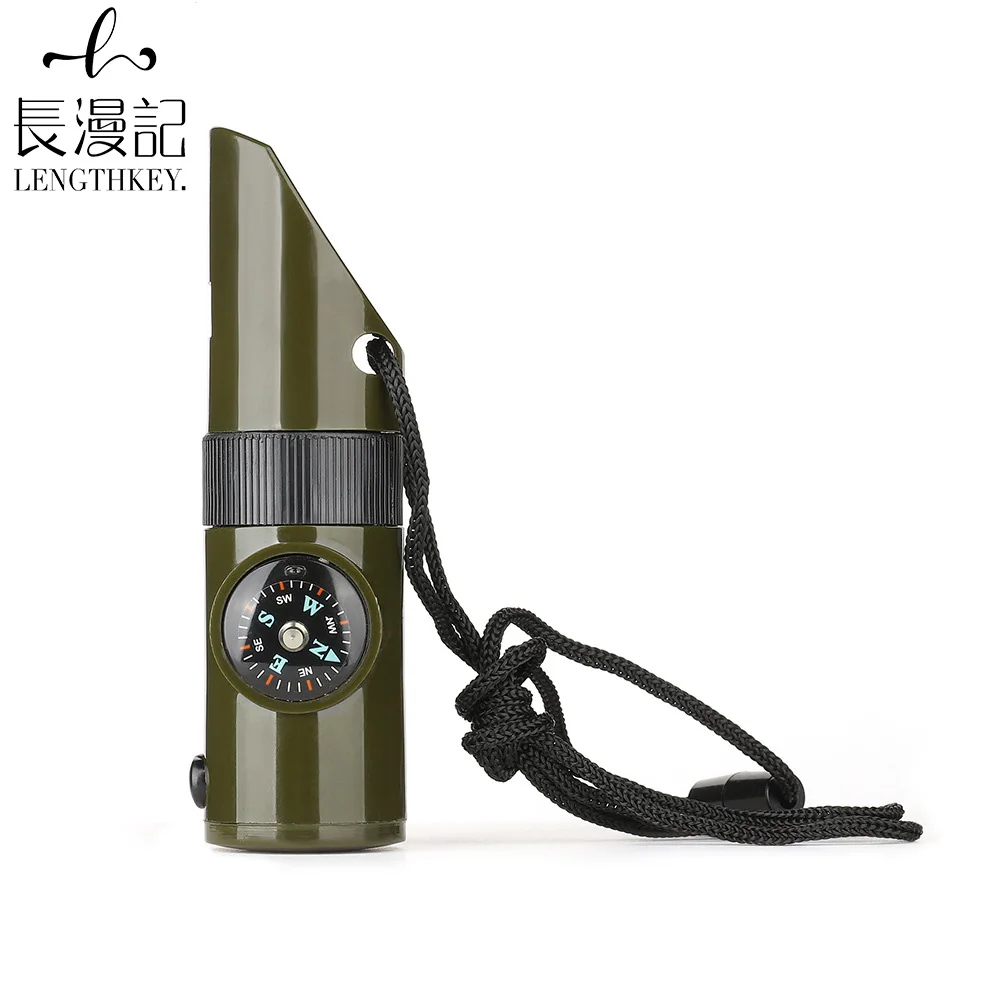 2022 Hot Sale Outdoor Camping 7 in 1 Multifunctional Lifesaving Whistle with LED Light Thermometer Compass