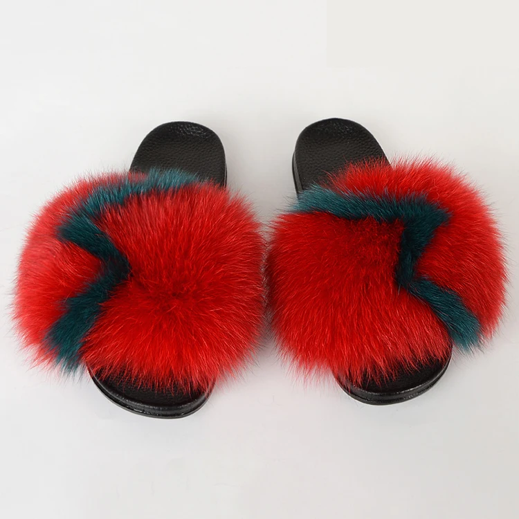 fur slippers with customized logo real  fox fur slides very beautiful  women and baby sets