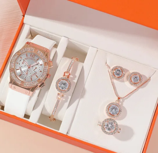 2024 Luxury Women Watches Crystal Bracelet Stud Earring American Diamond Necklace Ladies Watch Casual Quartz Wristwatch Set