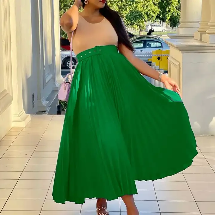 D293P New Design High Waist Large Hem Skirts for Women Pleated Skirts Temperament Ladies Long Skirt With Free Belt