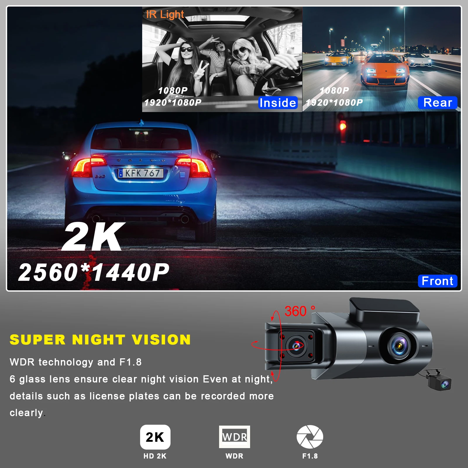 Supplier mini car dvr 3 channel dash camera 2k wifi dashcam 3 camera hd 3 lens front and rear Inside 3 channel 2k dash cam