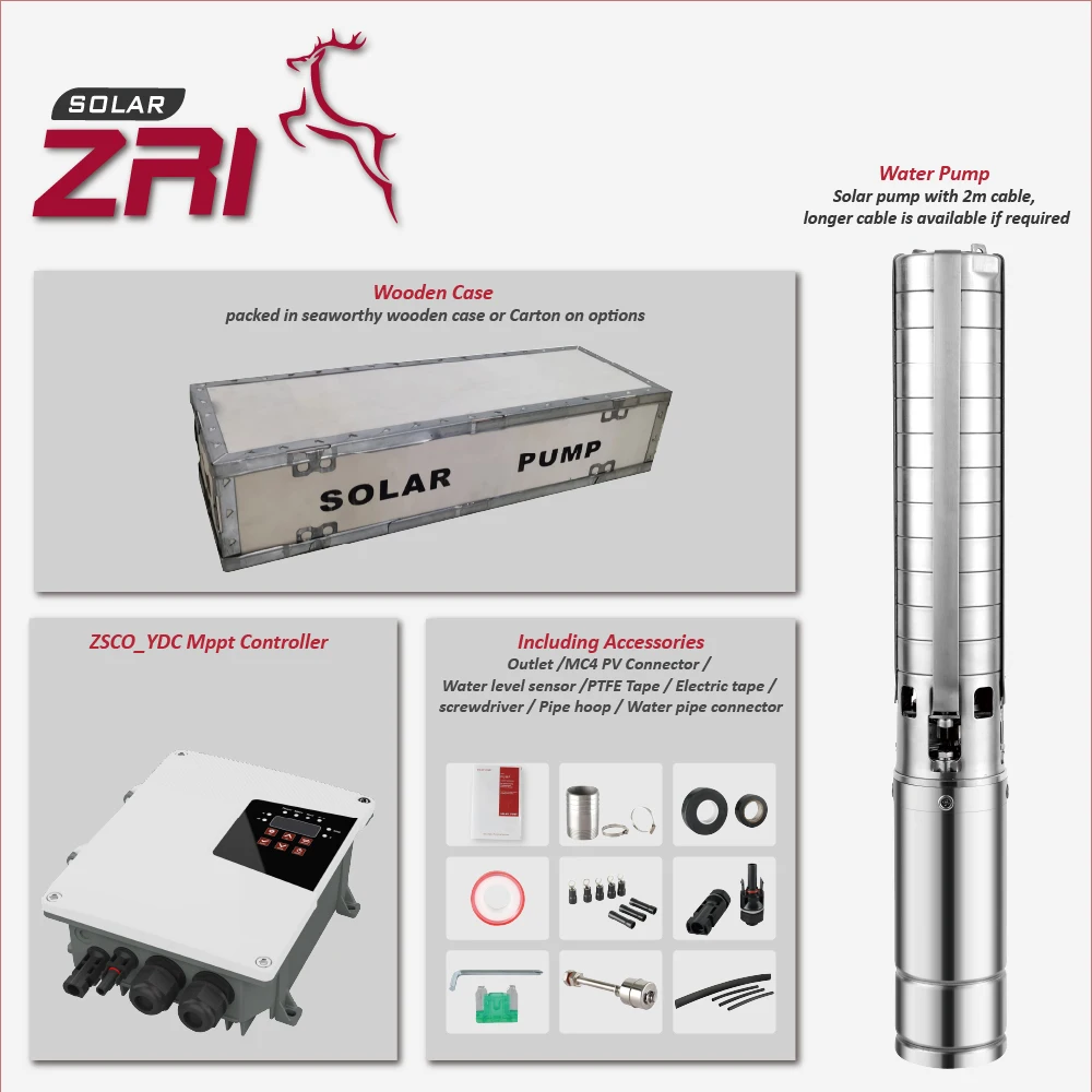 ZRI 4 Inch Solar Powered Water Pump, 1HP Stainless Steel Impeller Solar Submersible Water Pump, Solar Pump for Deep Well
