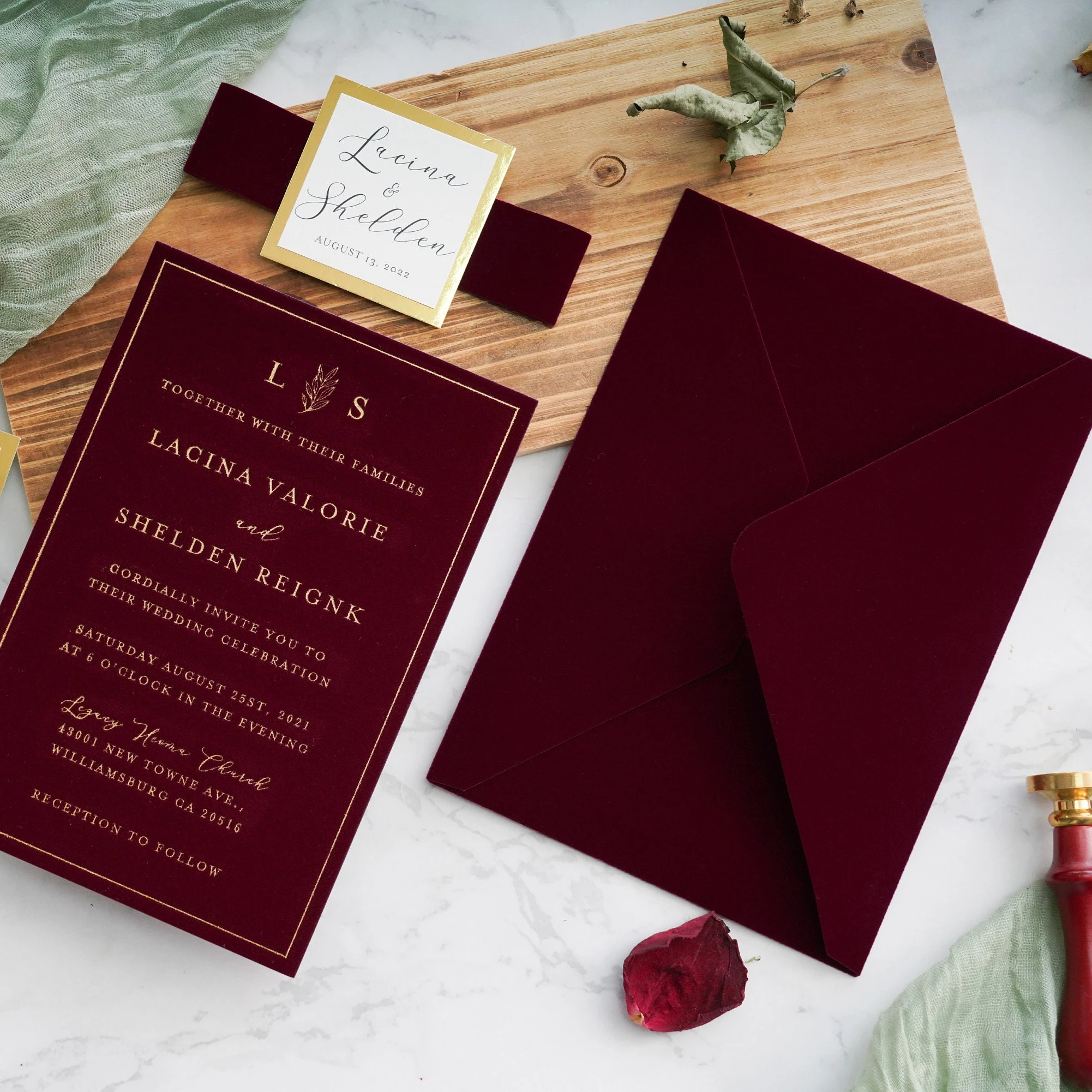 Velvet Wedding Invitation Cards Burgundy Velvet Envelope Gold Foil Print Velvet Wedding Invitation Cards
