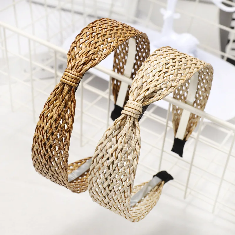 Natural Raffia Straw Handmade Bow Knot Headband Boho Braided Weaving Hairband Girls Hair Accessories Vacation Style Hair Bands