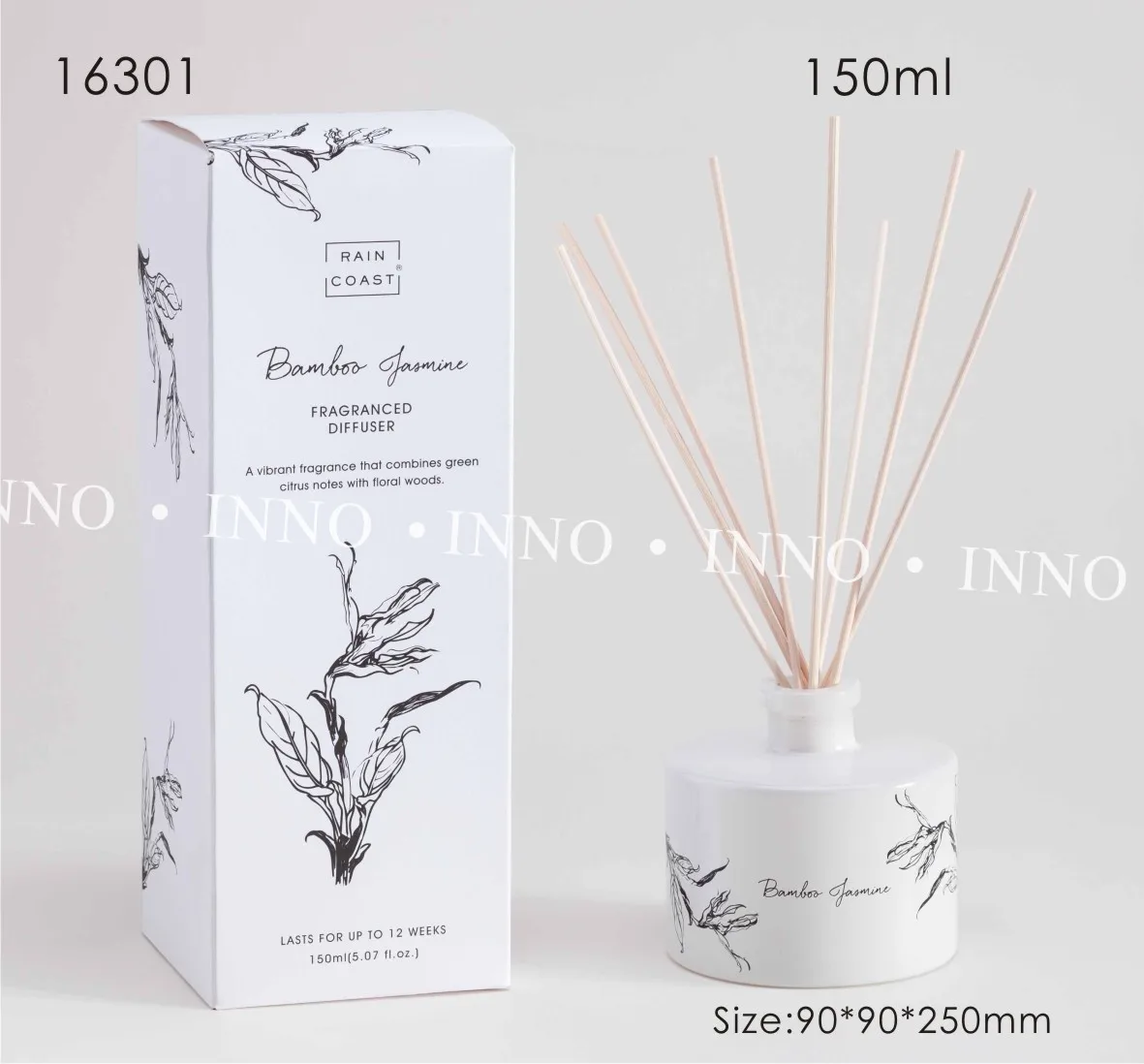 RAINCOAST OEM 150ML Reed Diffuser Bamboo and Jasmine Diffuser with White Bottle and Natural Reeds