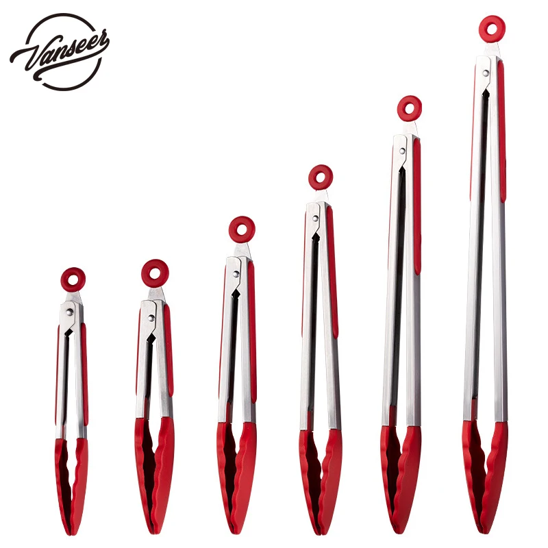 Wholesale BBQ grilling tong cooking kitchen tools stainless steel Non-slip bread silicone food tongs for BBQware