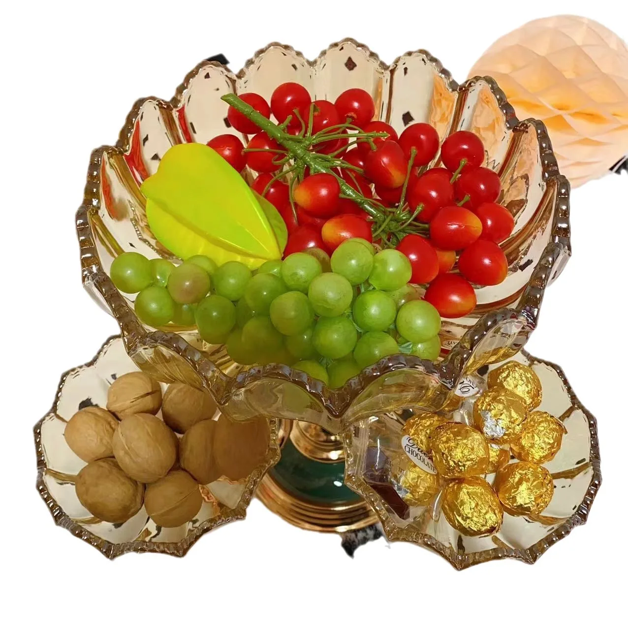 Large 5-Compartment Rotating Crystal Glass Tray Alloy Base Multi-Layer Snack Dried Fruit Tray Sustainable Glass Dishes Plates