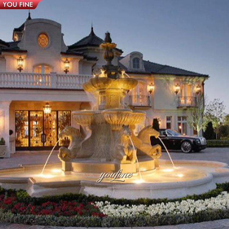 Modern Outdoor Large Natural Stone Marble Garden Water Fall Fountain with Horse Sculpture
