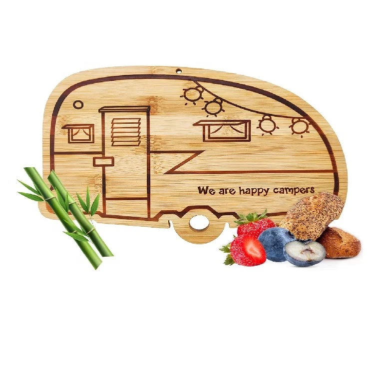 Camper Decor RV Gift Retro RV Engraved Camping Happy Camper Bamboo Cutting Board