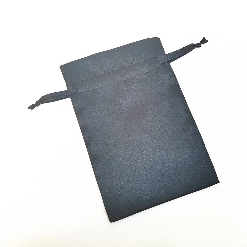 Promotional Custom Logo Black  Satin Drawstring Bag Jewelry Gems Pouch