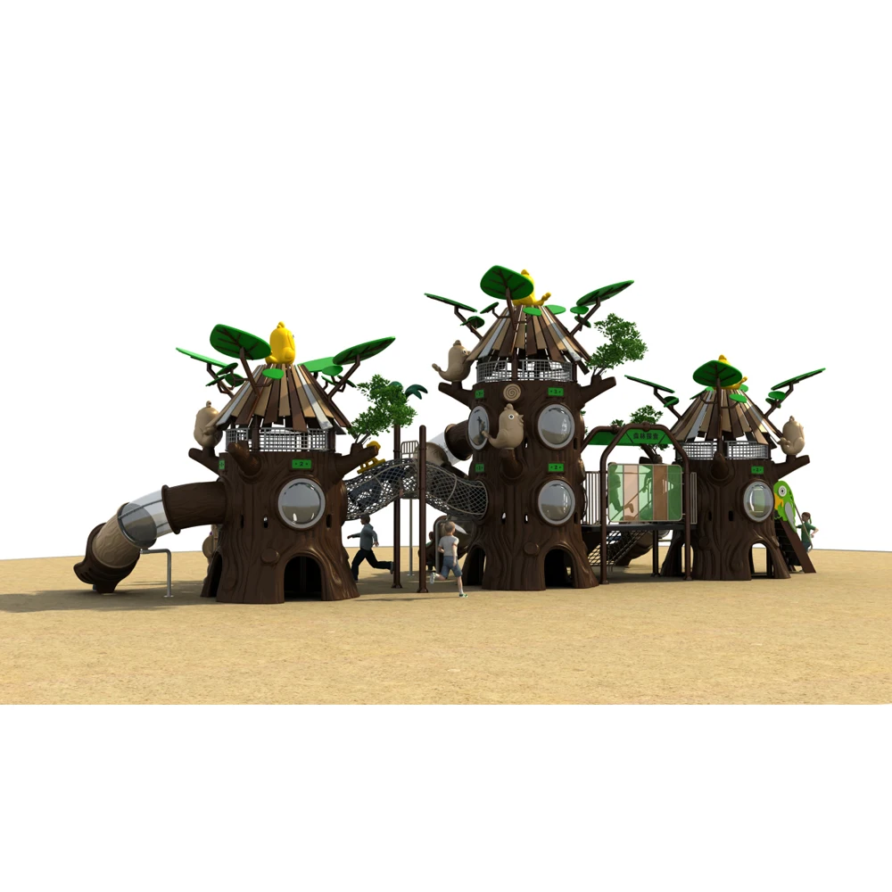 New Design Tree House Children Outdoor Playground Equipment Theme Park Obstacle Preschool Outdoor Plastic Slide Playground Set