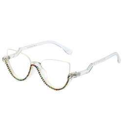 fashion PC cateye diamond woman blue light blocked shinny half rim optical glasses eyeglasses frame