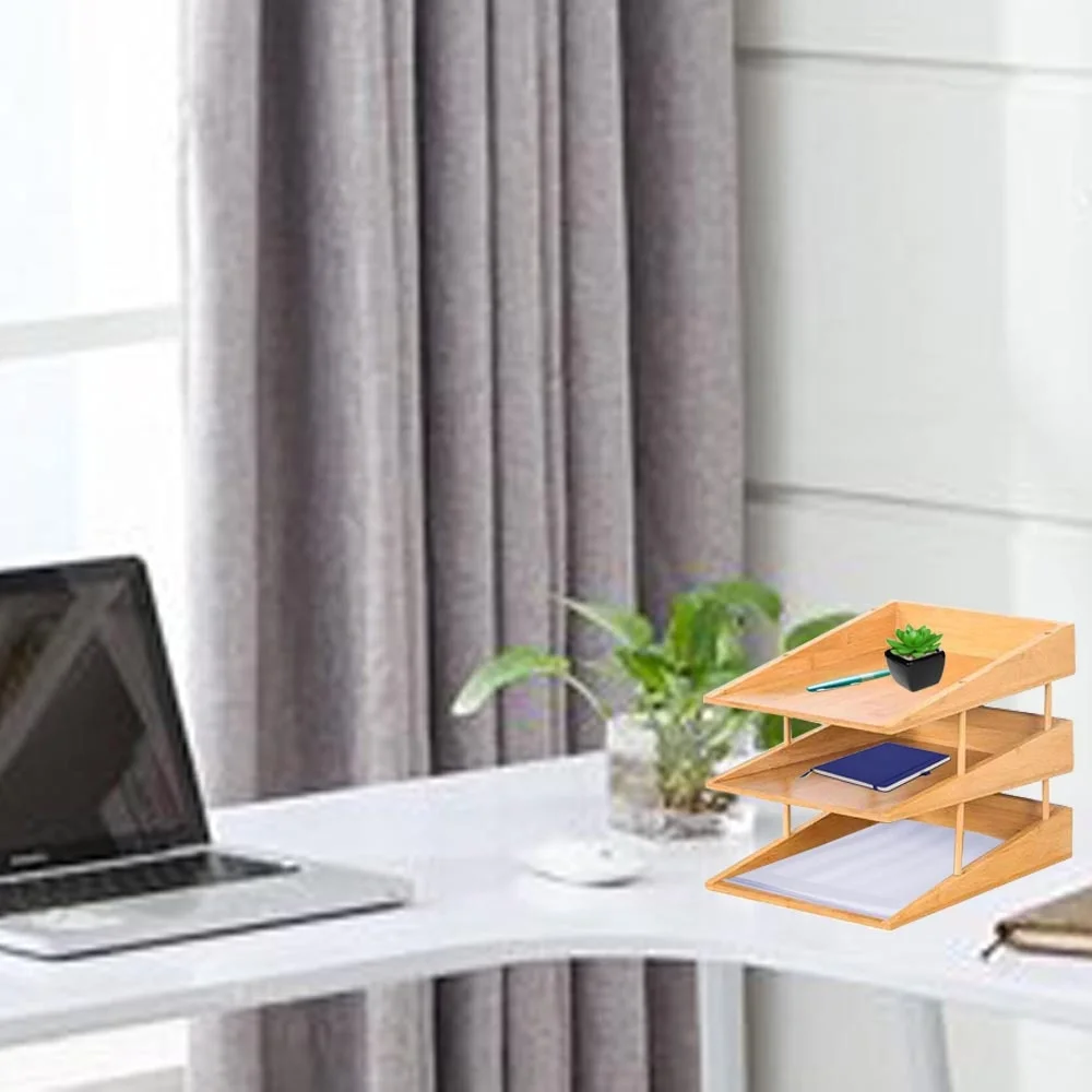 3-trays desktop office document storage shelves bamboo file tray dividers file organizer file holder
