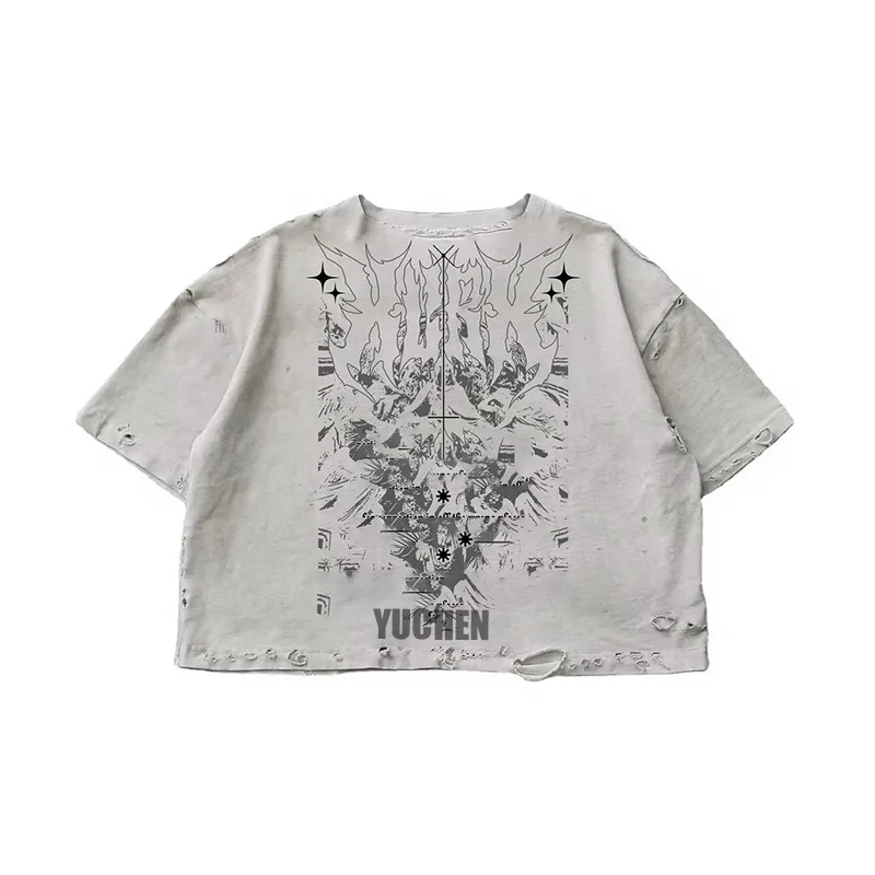 Streetwear Heavyweight Cut n Sew French Terry Oversized Vintage Tee Custom Boxy Cropped Dirty Wash Distressed Rip T Shirt Men