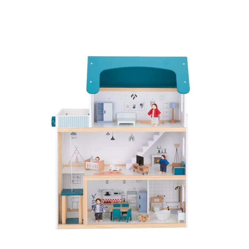 Wooden Doll House with Accessories DIY Large 3-Tier Pretend Play Toys with Elevators Toy for Kids