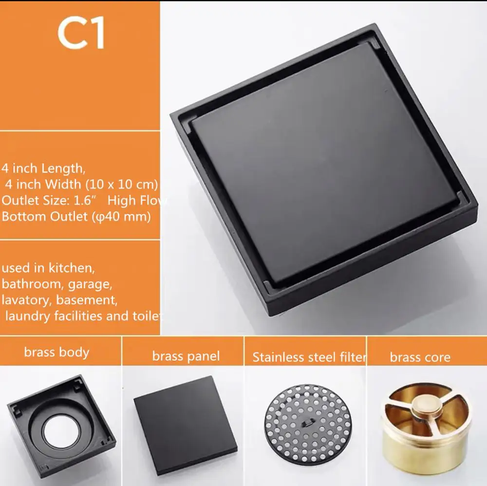 Bathroom accessories shower filter hidden floor drain Black Shower Tile Insert Floor Drain