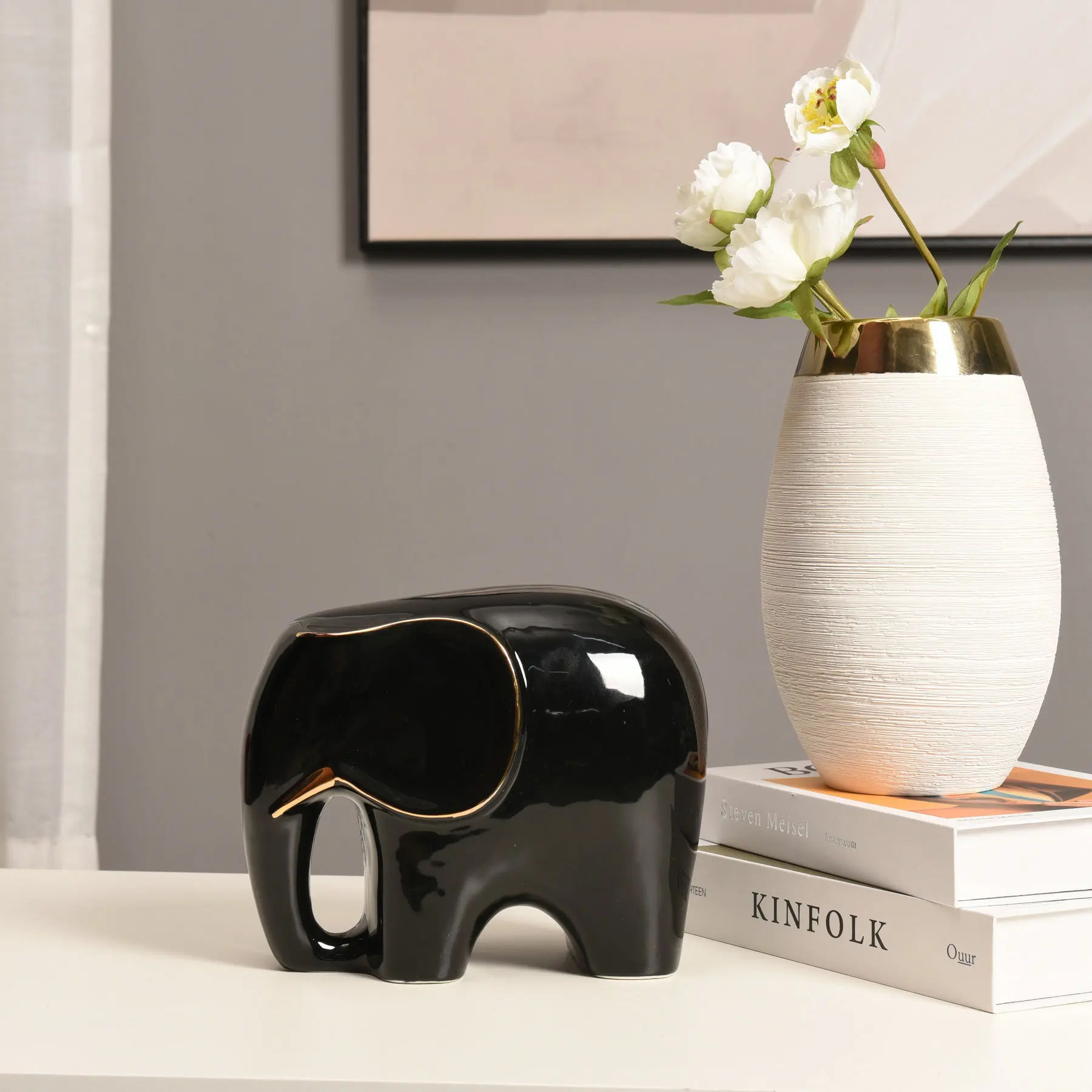 Wholesale Handmade Porcelain Crafts Animal Art Elephant Figurine Decoration Ceramic Home Ornament