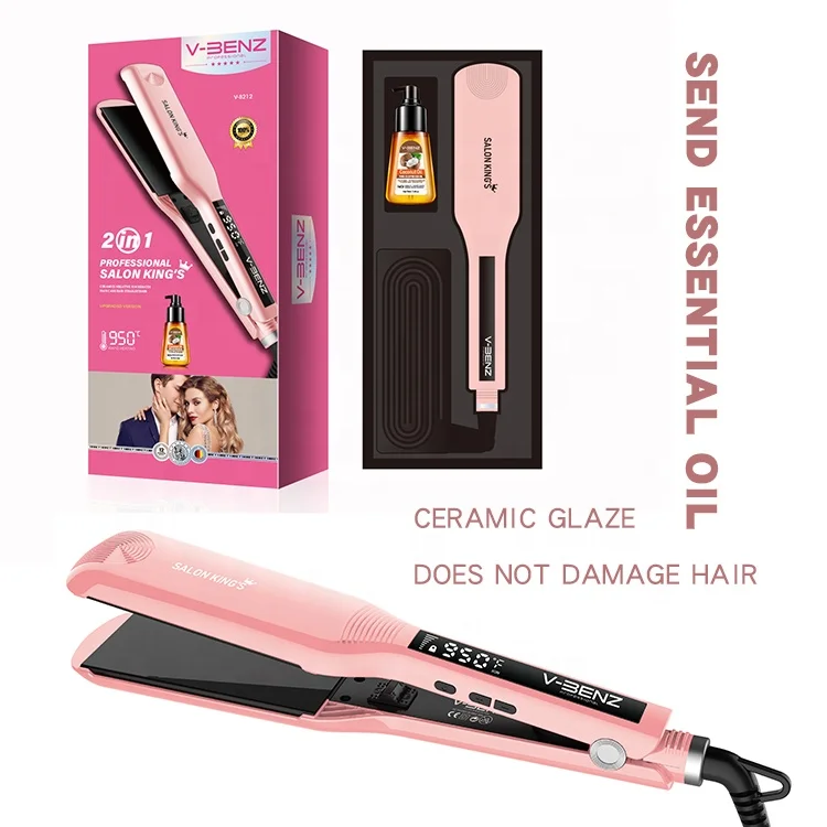 V-BENZ Newest 2 in 1 LCD ceramic glaze electric Large hair straightener with essential oil