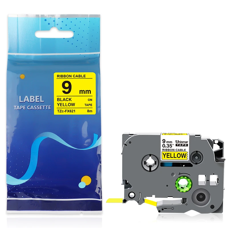 9mm Black on Yellow Label Ribbon Flexible ID Tape TZe FX621 fx621 fx 621 for P-touch CUBE PT-D210 PT-H110 Tag Printer