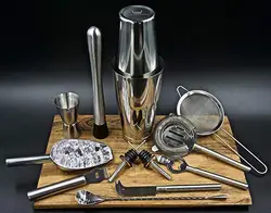 Highest Quality Bar Tools Stainless Steel Boston Shaker Bartender Kit with Natural Bamboo Stand