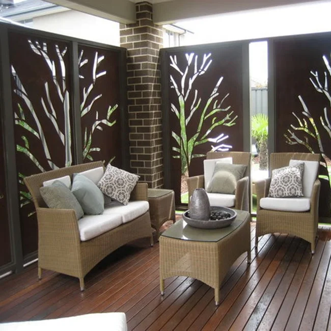 3D Model 8ft Wooden Balcony Privacy Fence Cut-Out Metal Screen with Powder Coated Aluminum Easy Assembly for Garden Gate