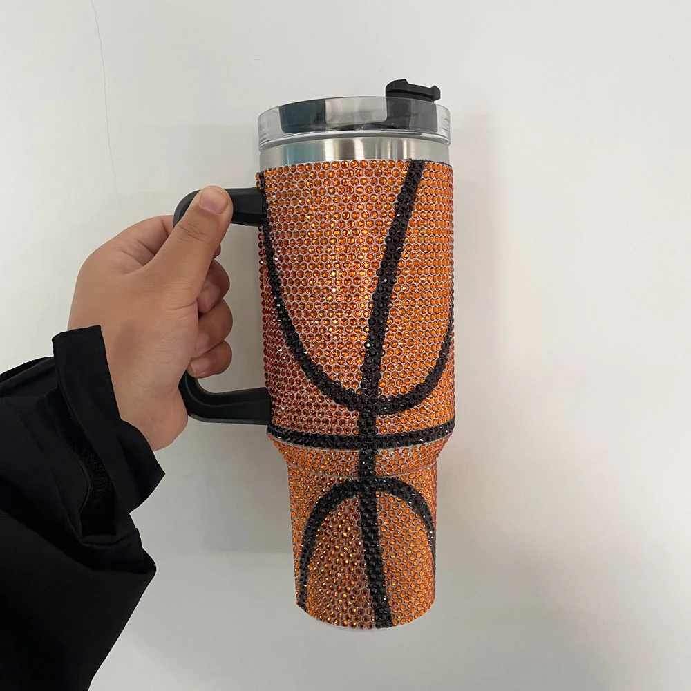 40oz Diamonds Bling Basketball Tumbler With Handle And Straw Stainless Steel Travel 40oz Football Baseball Rhinestone Tumbler
