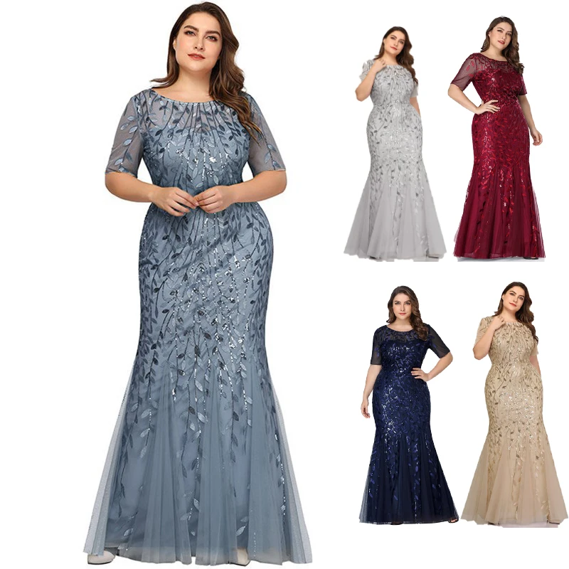 2024 Hot Sale Spring Summer Plus Size  Mesh Sequin Dresses Women Party Dresses Evening Elegance Banquet Host Mermaid Dress