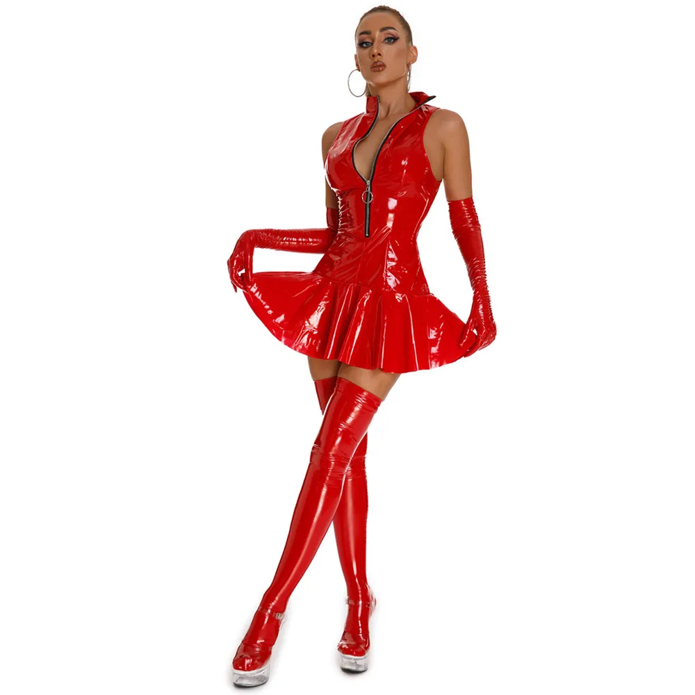 Latest Women Sexy Club Party Short Wet Look Latex Bodycon Dress Hot Black Red Zipper Pu Leather Sleeveless Pleated Mini Dress