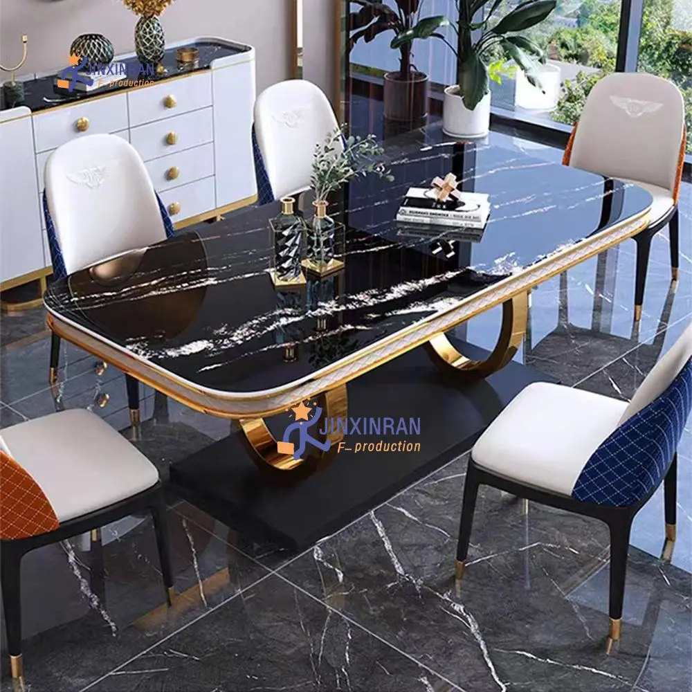 Royal Dinning Table Set Luxury Gold Side Dinning Set With 6 Chairs Sintered Stone Top Dining Table