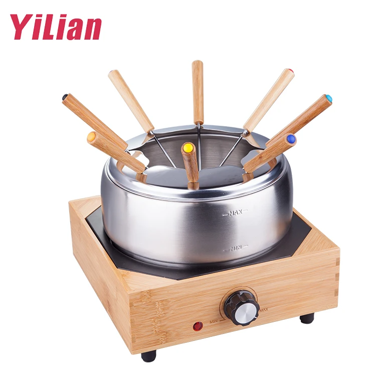 Electric Bamboo Base 8 persons Household Icecream Cheese Chocolate Tapas Melting Pot Tray Stainless Steel 304 Fondue Hot Pot