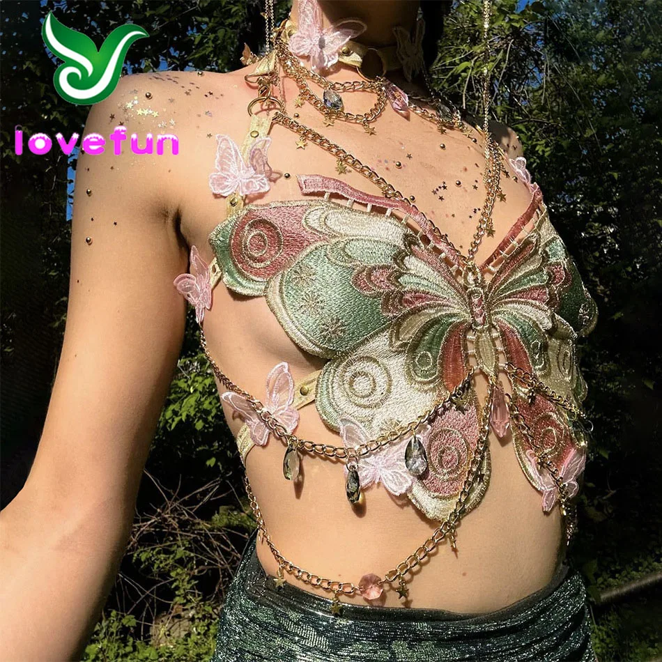 Trendy Embroidered Butterfly Stitching Metal Crystal Pendant Ultra-Short Sling Top For Performance Club Dance