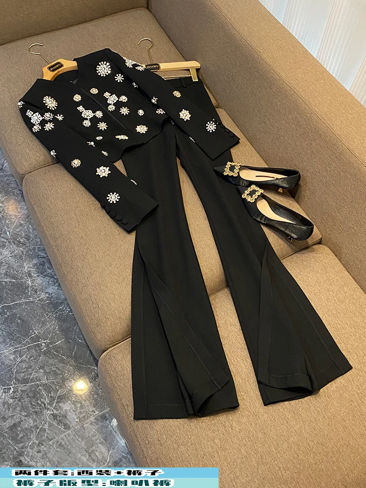 Luxury Fine Workmanship Beads Rhinestone Lady Suit Short Length Coat Slit Wide Leg Pants Women 2Pcs White