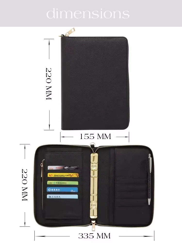 Custom 6 ring binder A5 A6 binder with zipper wallet budget planner pu leather cash envelopes loose leaf