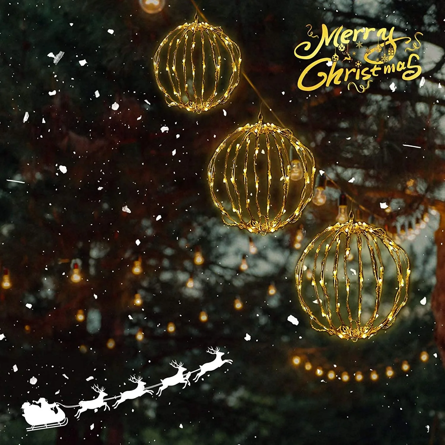 Set of 3 Christmas LED copper wire hanging tree ball Light Folding Metal Frame for Christmas Indoor and Outdoor Decoration