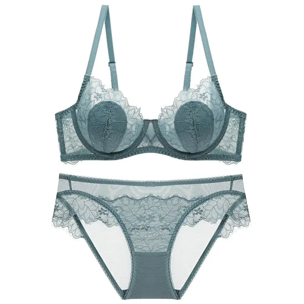 
Fashion Gray bra big size Bras Lingerie Set Plus Size C D Cup Sexy Bra Sets Thin Cotton Underwear Set Women Lace Brassiere 