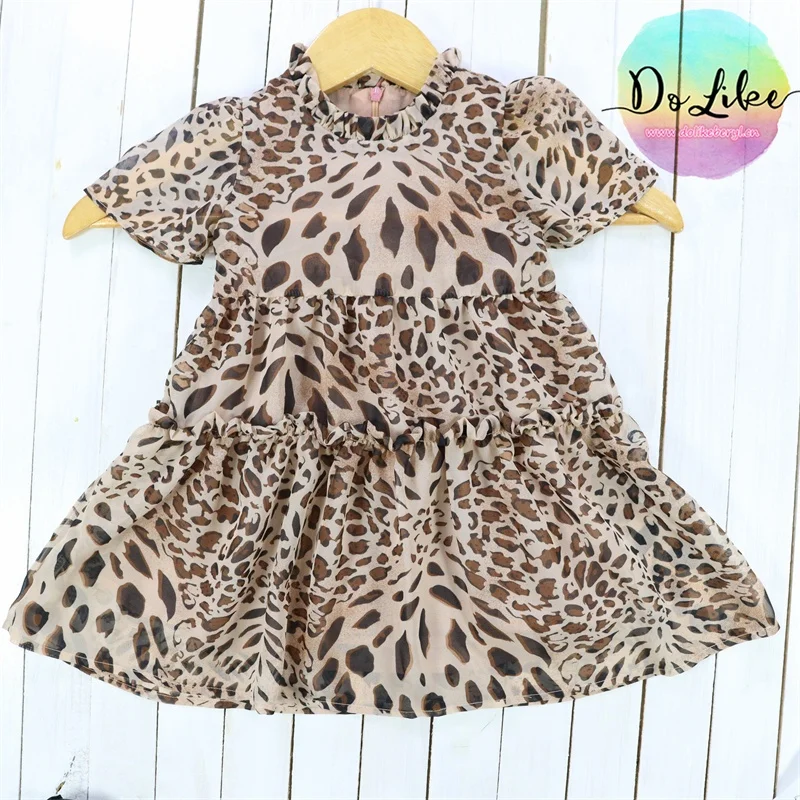 Vintage style leopard pattern  chiffon skirts kids clothes for girls short sleeve custom clothing casual children dresses
