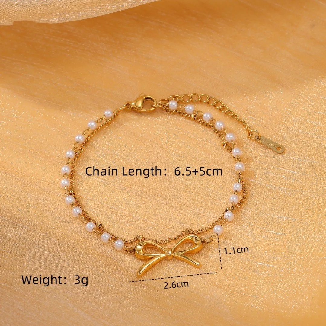 French New Elegant Stainless Steel Bow knot Freshwater Pearl Bracelet 18K Gold Plated Non Tarnish Waterproof Jewelry Gift
