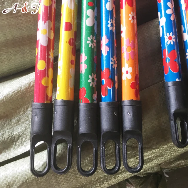 high quality PVC coated wood broom handle wooden broom stick with Italian thread flower designs