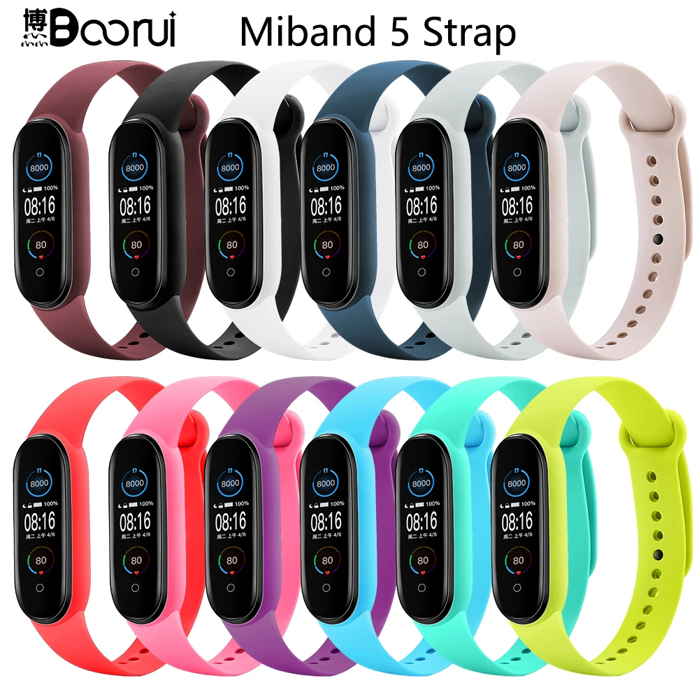 Новинка 2020, спортивный силиконовый ремешок BOORUI для mi band 5, однотонный браслет, подходит для браслета Xiaomi 3 4 5 6