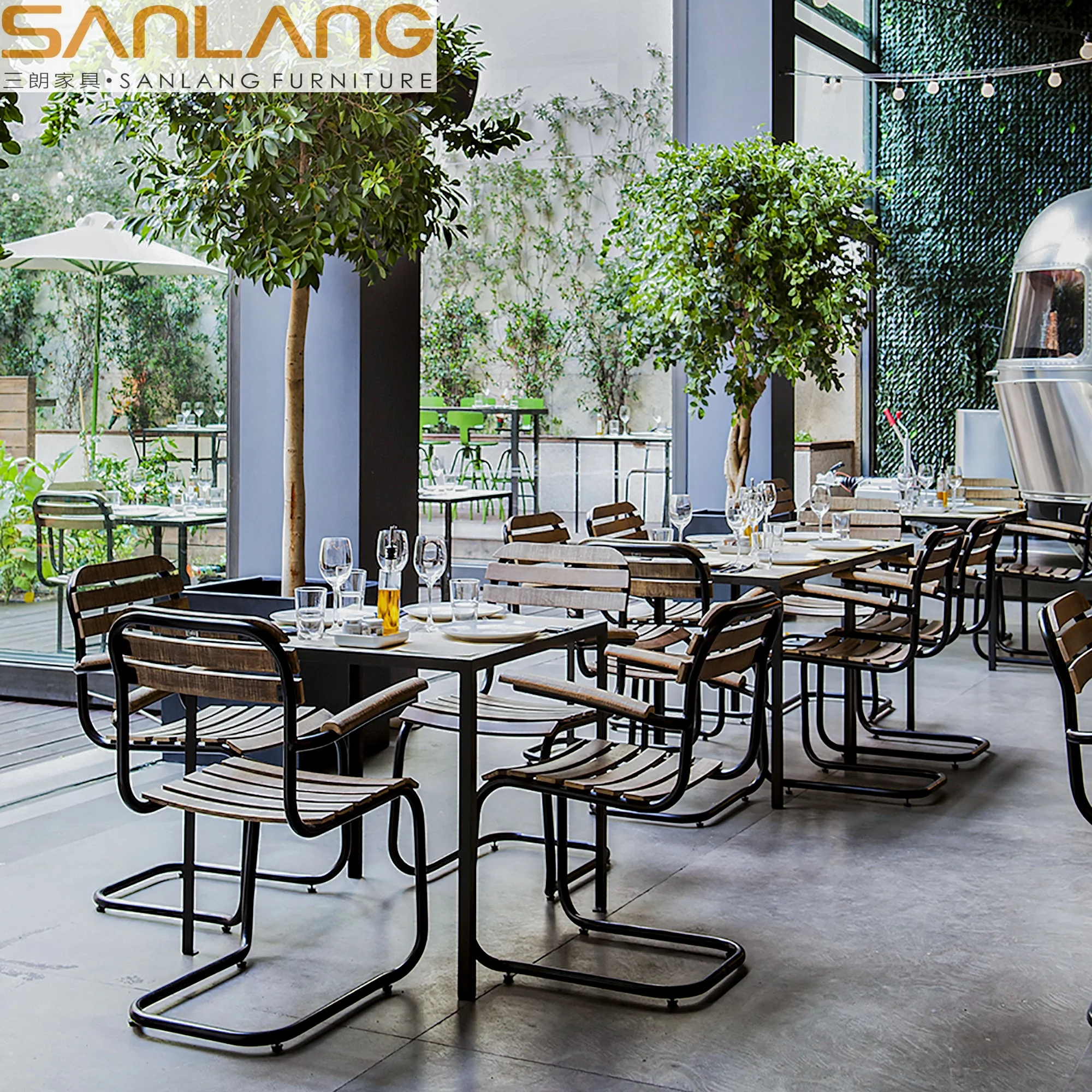 Wood modern furniture set wholesale simple bistro desk and chairs coffee brass tables leg set beach use waterproof dinner table