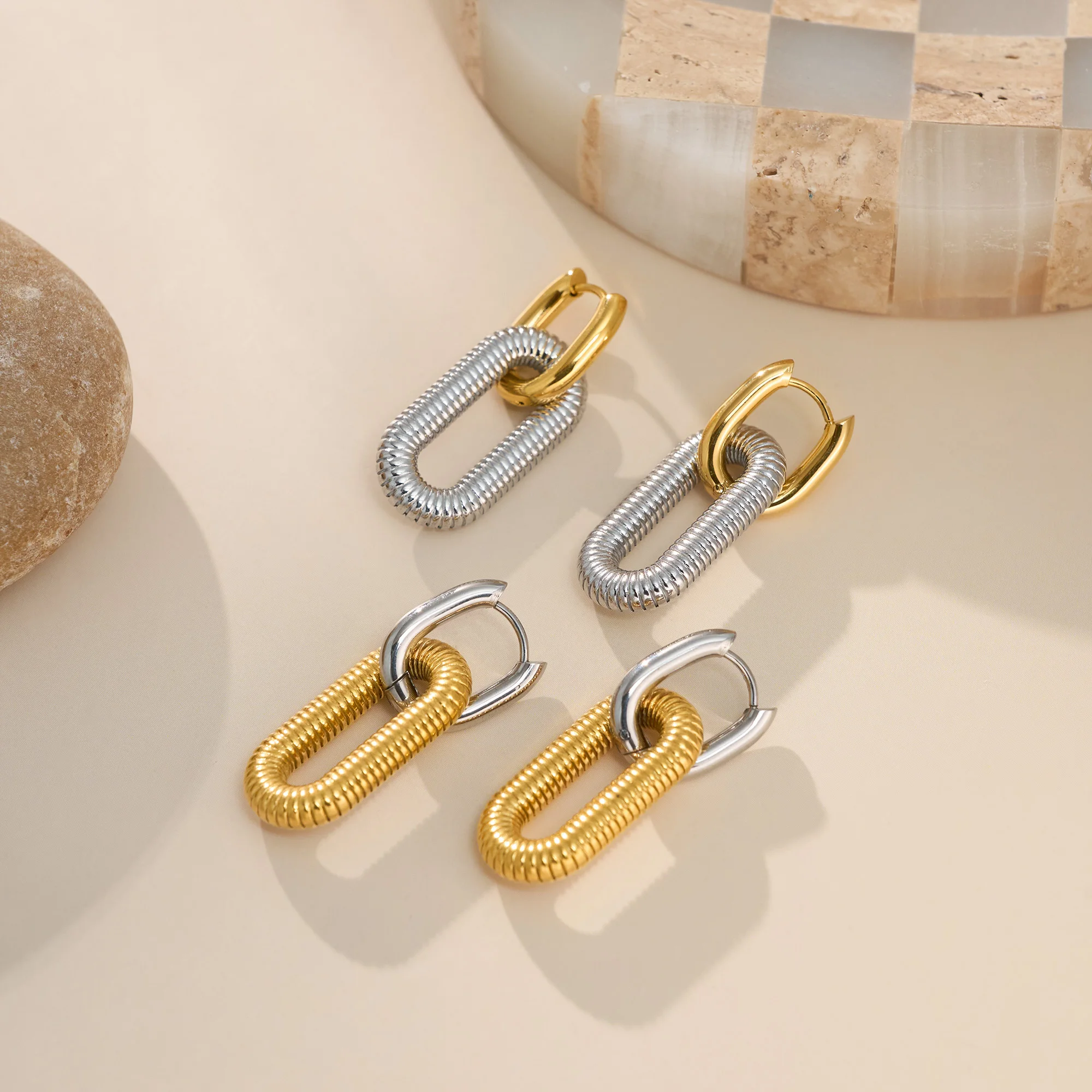 Dazan New Winter HOT 18k Gold Plated Hypoallergenic Stainless Steel Vintage Square Circle Square Oval Mixed Higgie Earrings