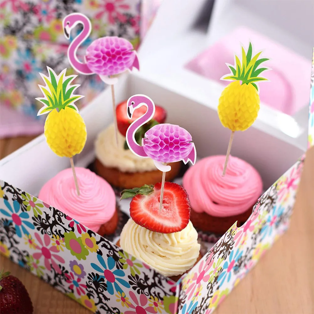 10pcs Luau Tropical Hawaiian Cupcake Toppers Flamingo Pineapple Hawaii Beach Cake Toppers Pool Party Beach Theme Cake Decoration