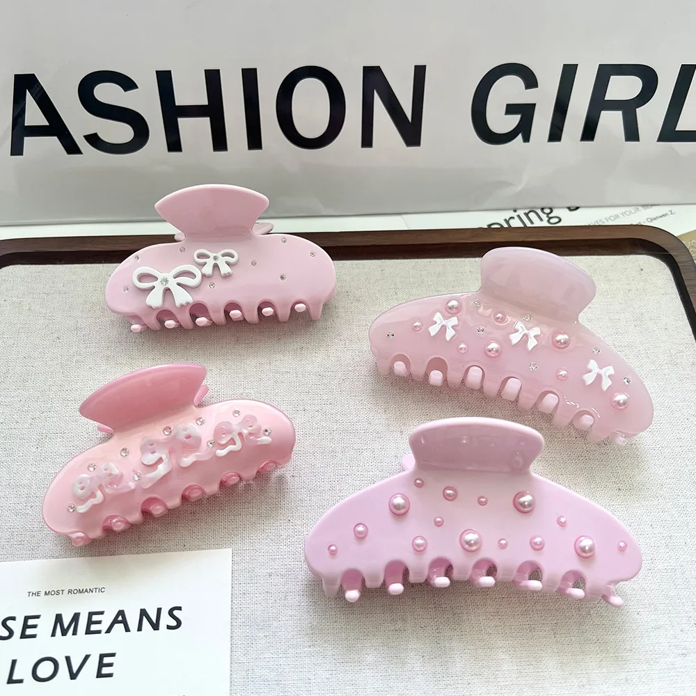 Fashion pink bow rhinestone hair clip cute girl Pearl acetate claw clip wholesale daily hair accessories for kids
